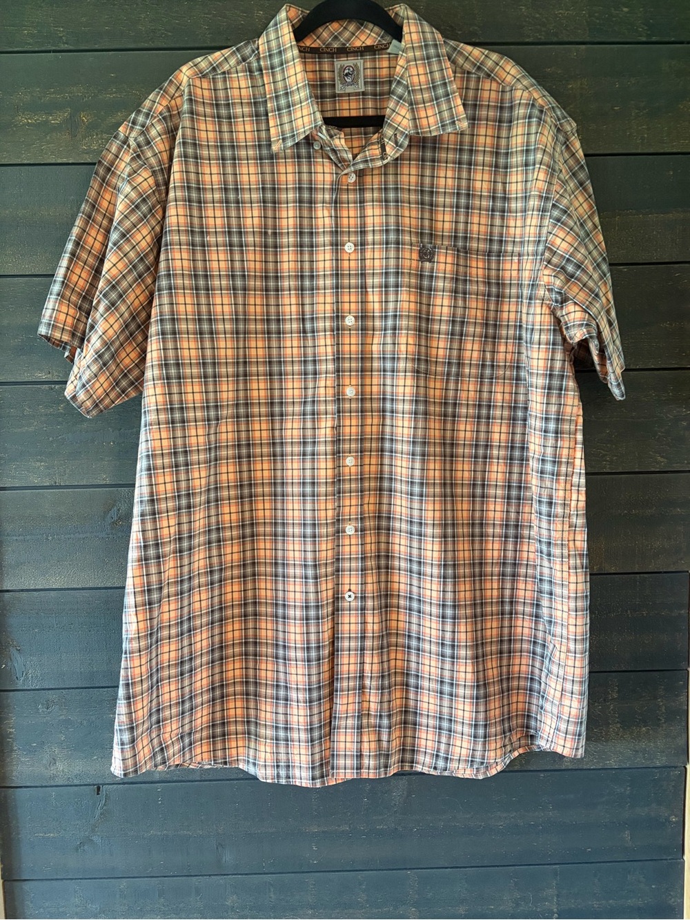 Cinch Men's Short-Sleeve Plaid Button-Down Shirt in Orange, Blue and White